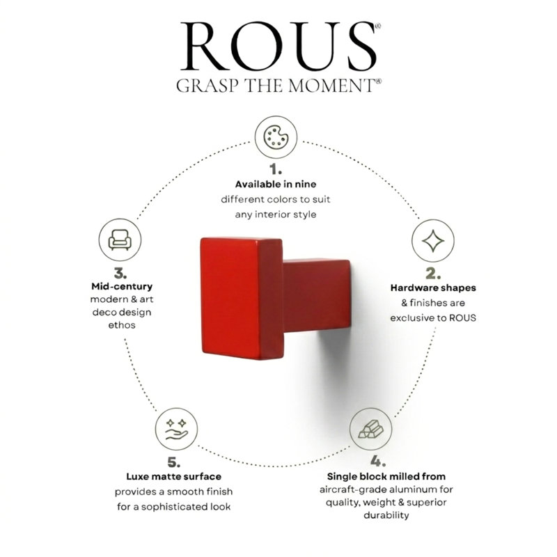 ROUS Hardware Art Deco Square Knob, Rose (Red)