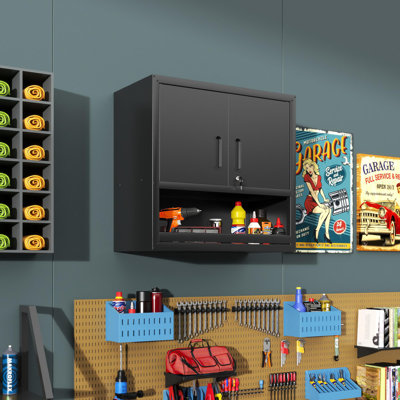 Metal Wall-Mounted Tool Storage Cabinet With Locking Door And 1 Shelf 1 Opened Drawer For Garage Warehouse,Office,Assembly Required