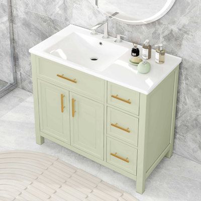 Meuble-lavabo 36 po avec comptoir d'évier, meuble-lavabo avec deux portes et trois tiroirs, bois massif, panneaux de fibres à densité moyenne, un paquet, blanc (ancien numéro de référence: WF319757AAK)