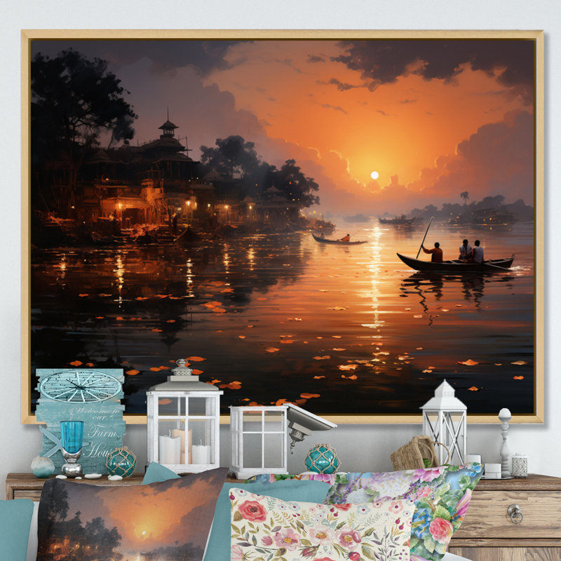 Hinduisim Sunset Aarti III - Spiritual Wall Art Living Room, H 12 po x l 20 po x P 1 po, Cadre naturel flottant