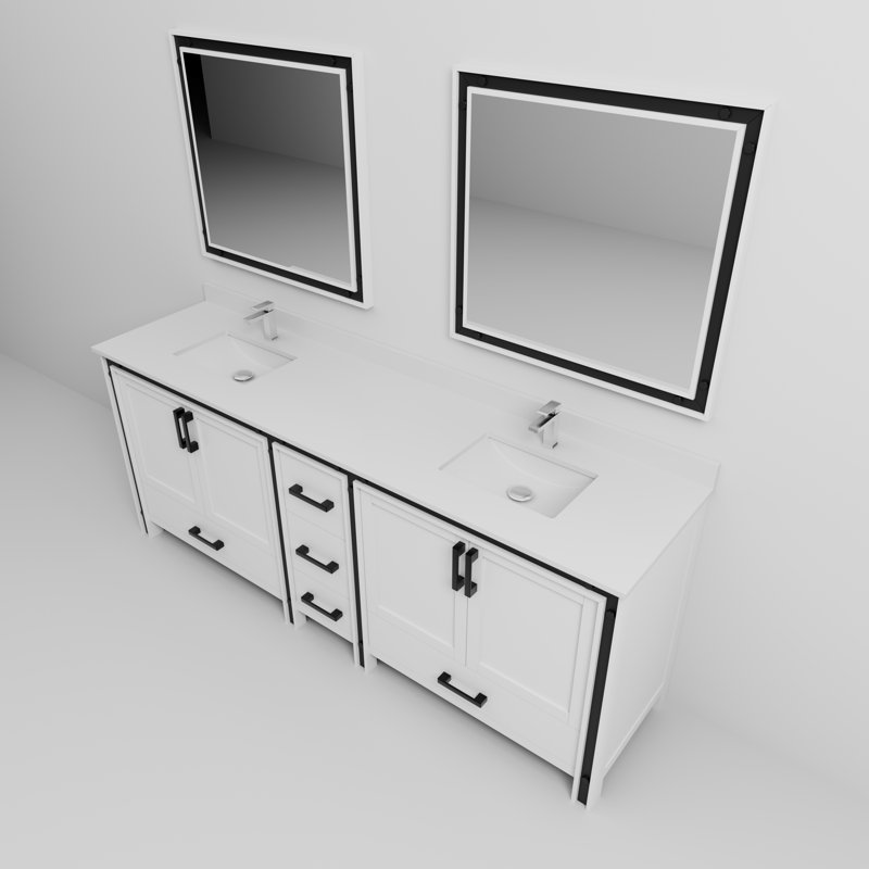 Ziva 84 in W x 22 in D Double Bath Vanity, White Top, 34 in Mirrors and Chrome Faucet Set, White, White Quartz