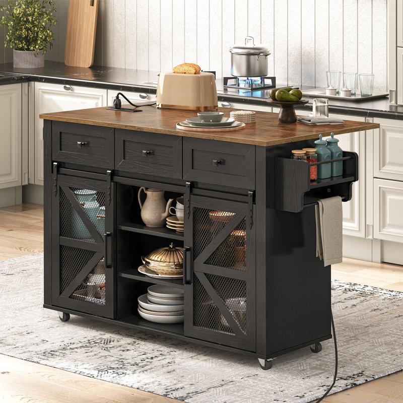 Îlot de cuisine 55 po avec rangement, portes de grange et abattant, chariot roulant avec station de charge