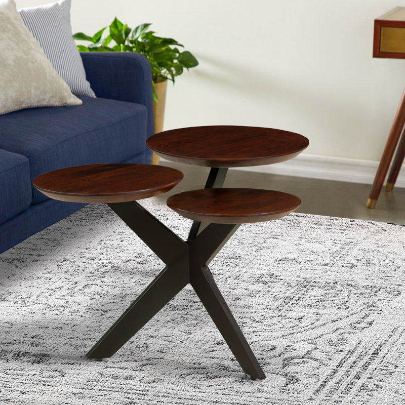 Table basse moderne avec plateau en bois à 3 niveaux et pieds Boomerang brun et noir