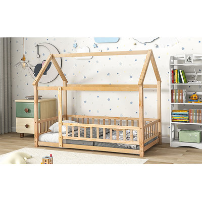 Floor Wooden Bed with House Roof Frame, Fence Guardrails,Pink