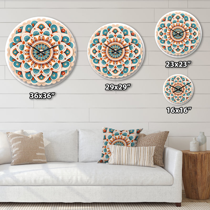 Horloge murale en métal - Mandala sacré en bleu et orange rétro, Petit