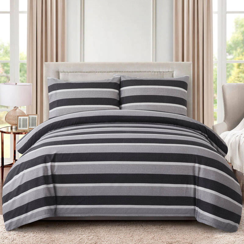 Ensemble de housse de couette avec 2 taies d'oreiller en rayonne de coton rayé toutes saisons 3 pièces Marina