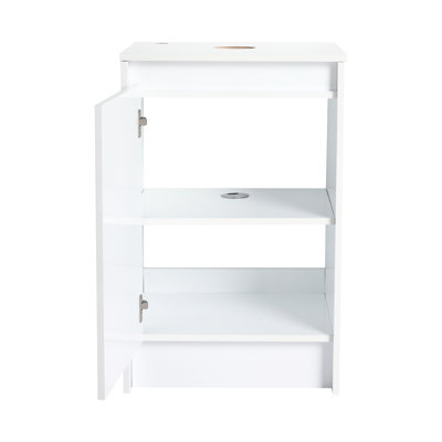 Armoire de salle de bain autoportante de 20 po blanc brillant, fonction de fermeture en douceur pour un fonctionnement élégant, design apaisant, espace de rangement spacieux, panneau supérieur avec trou de robinet réglable, garniture de rangement, décoration