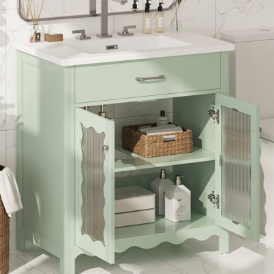 Meuble-lavabo de 31 po avec verre trempé, faux tiroir, portes à fermeture en douceur et résistance aux égratignures