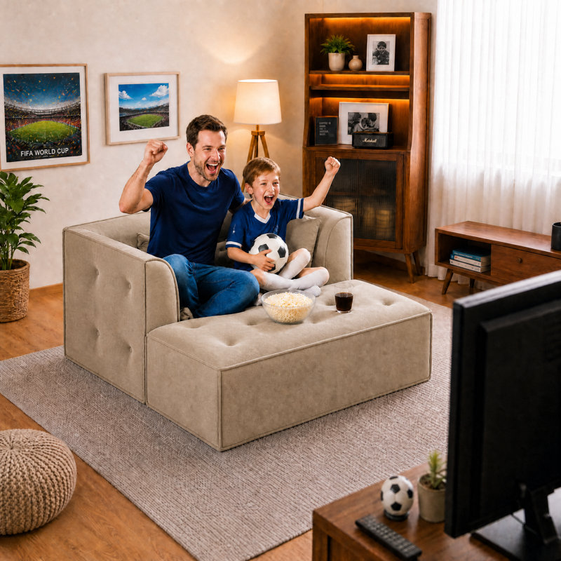 Boneless Modern Sofa With Removable Ottoman And Pillows, Beige