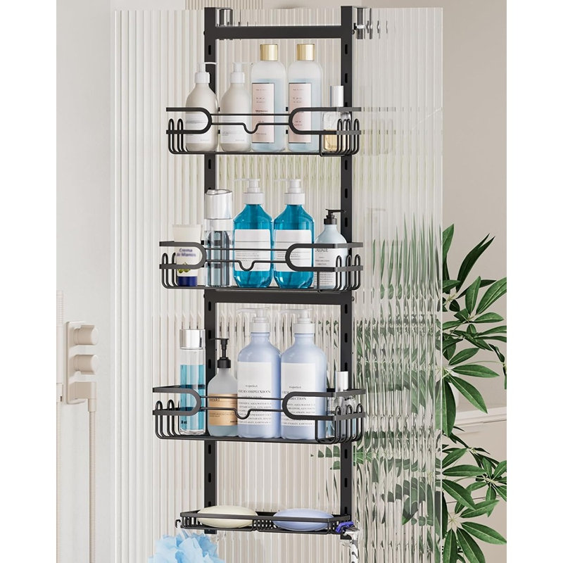 Serviteur de douche au-dessus de la porte - Étagère de rangement suspendue réglable à 4 niveaux avec 2 porte-savons et 22 crochets, support de rangement suspendu antirouille facile à installer pour la salle de bain, noir