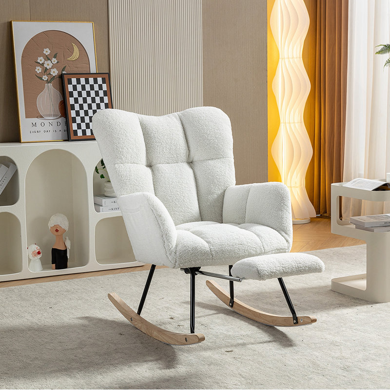 Chaise berçante en tissu avec repose-pieds Teddy, Ivoire ivoire