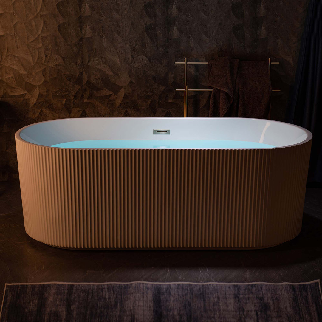 Pavanjit 67" x 32" Freestanding Acrylic Bathtub, Unique Artistic Design, Soaking Tub in White WoodBridge Drain 