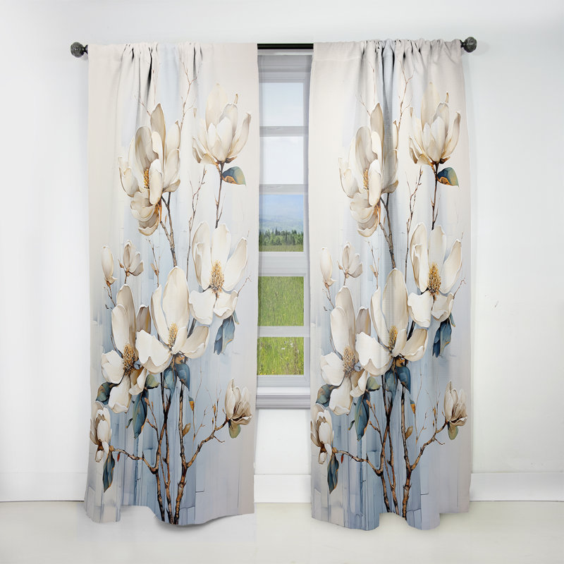 White And Gold Magnolia Petal Serenity I - Magnolias Floral Room Darkening Curtain - 1 Panels, 52" W x 90" L