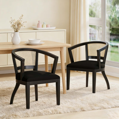 Rattan Back Dining Arm Chair (Black Rubberwood Frame, Black Velvet) – Set Of 2