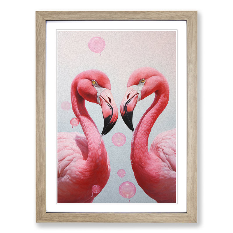 Flamingo Bubble Gum - Single Picture Frame Print on Wood, 34cm H x 25cm W x 2cm D, Oak