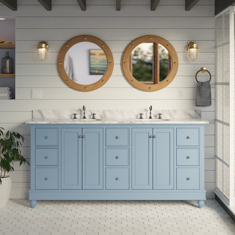Ensemble de meuble-lavabo double 72 po Ferdinand, Bleu poudré, Marbre de Carrare