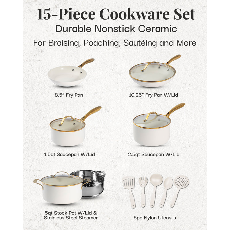 Cream and Gold 15-Piece Nonstick Ceramic Cookware Set