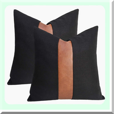 Black Linen Patchwork Throw Pillow Covers - Set of 2 | Modern Accent Decorative Square Cushion Covers for Couch, Living Room, Bedroom