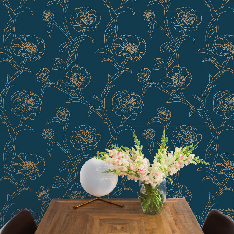 Papier peint adhésif pivoines, Bleu paon / or métallique, L 16,5 po x l 20,5 po