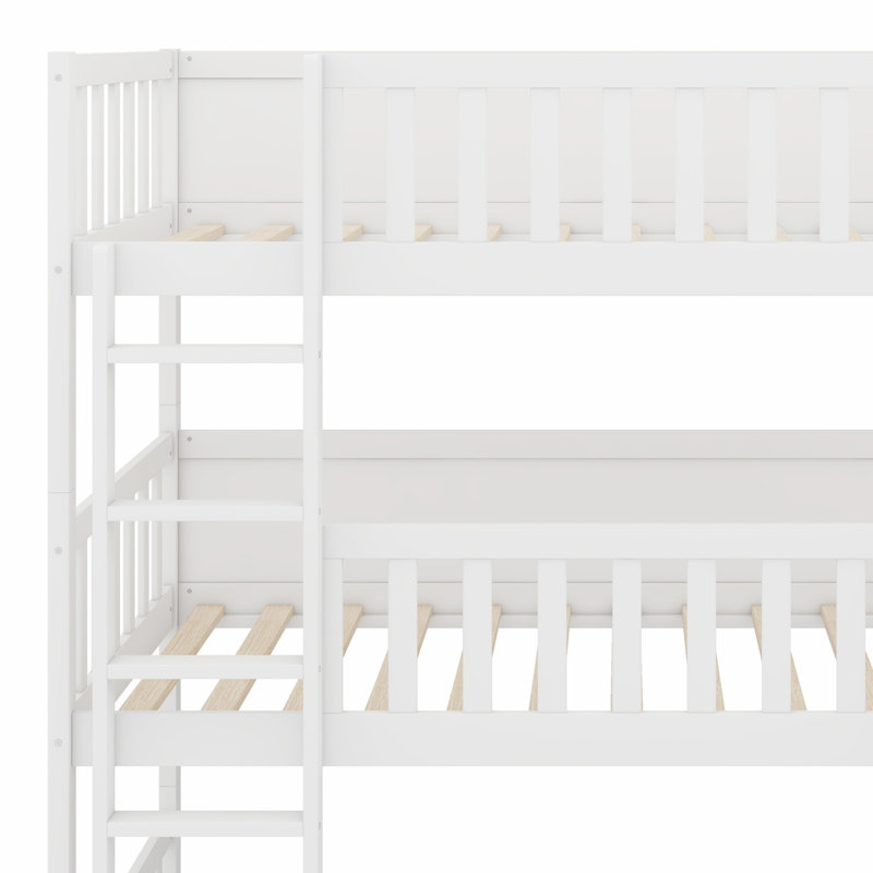 Lit superposé triple en bois, avec échelles, garde-corps, blanc
