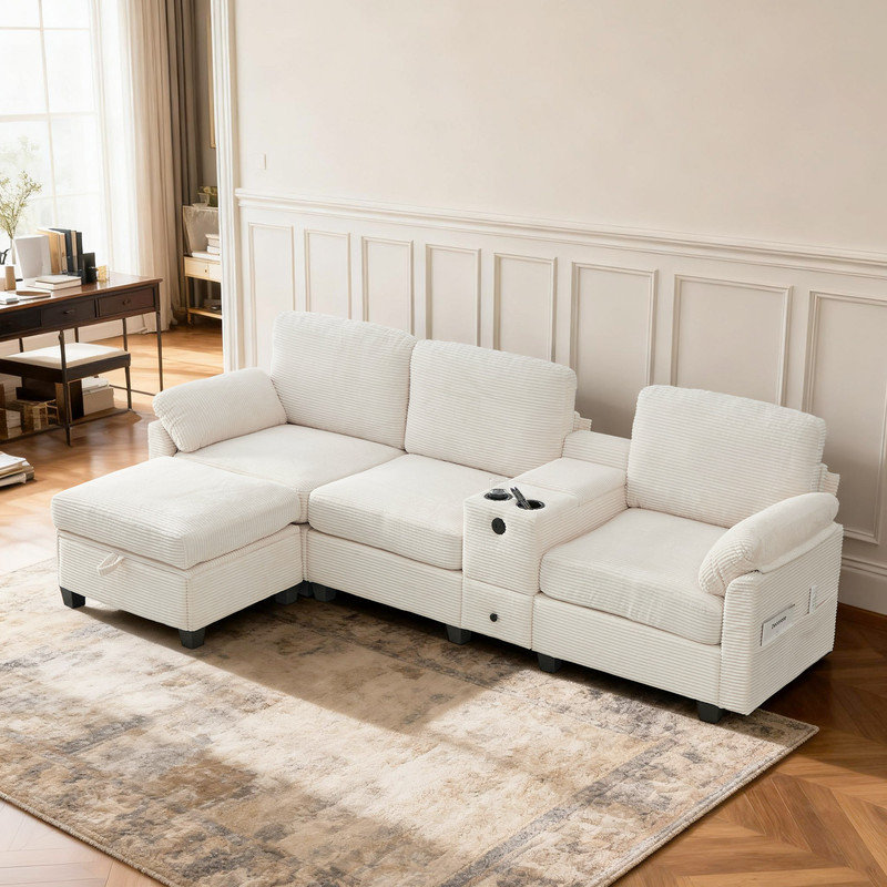 Canapé modulaire moderne en velours côtelé avec repose-pieds, porte-gobelets et ports de chargement USB, Velours côtelé beige
