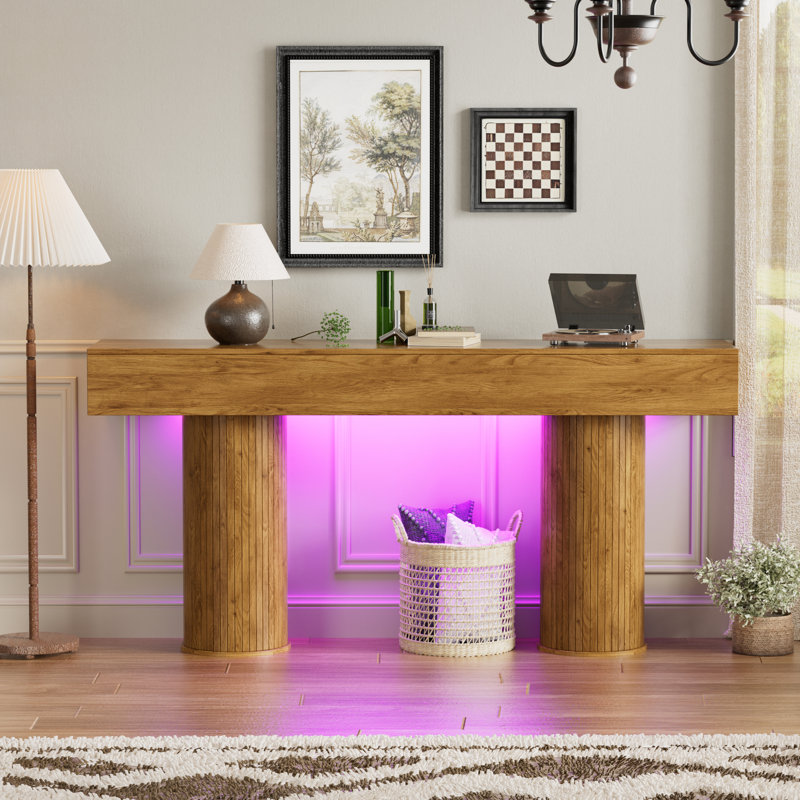 Console de style maison de campagne de 63 pouces de long, table d'entrée en bois avec lumière DEL, canapé étroit derrière le canapé, plusieurs modes d'éclairage réglables, pour les salons, le vestibule, le couloir, brun rustique