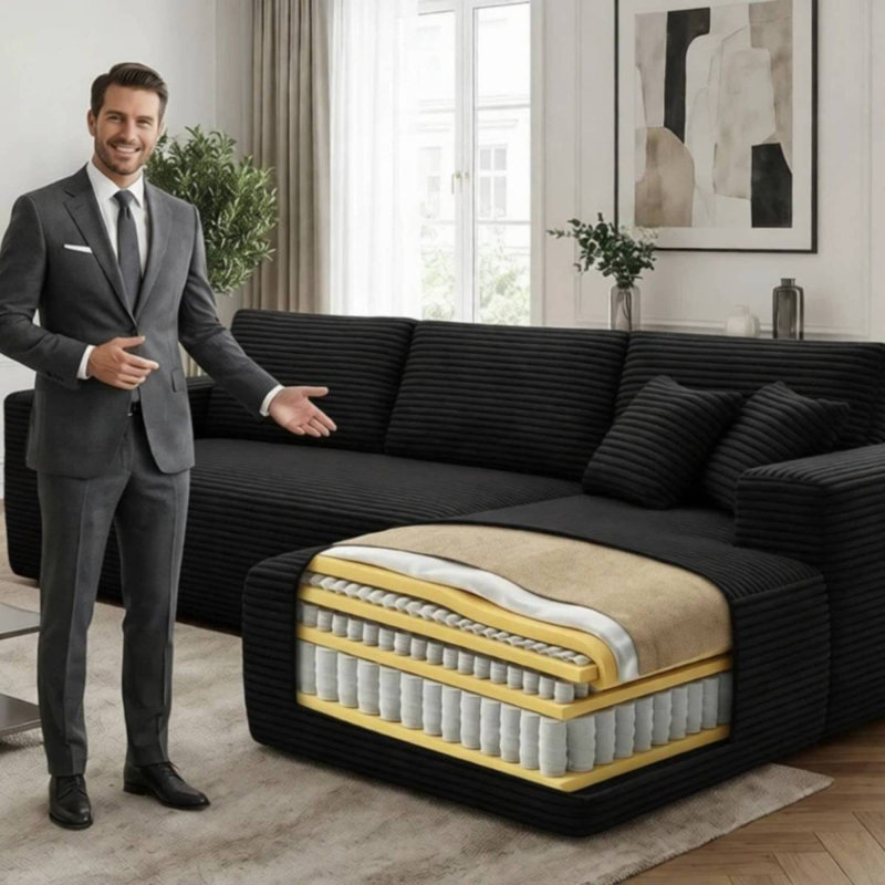 Canapé modulaire de forme basse en L de 134 po avec repose-pieds 4 places, 134 po, Noir, Orienté à droite