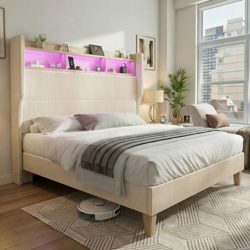 Structure de lit double avec tête de lit à oreilles en velours côtelé de 51 po de hauteur et tablette de rangement, lit plateforme tapissier avec lumières DEL et station de charge, aucun sommier nécessaire, assemblage facile, crème