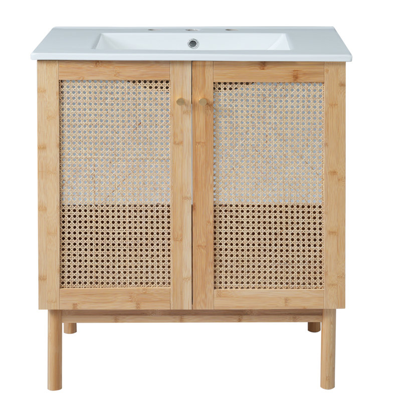 Meuble-lavabo de 30 pouces fabriqué à partir de matériaux naturels, avec des portes en rotin faites à la main et des mécanismes de fermeture en douceur