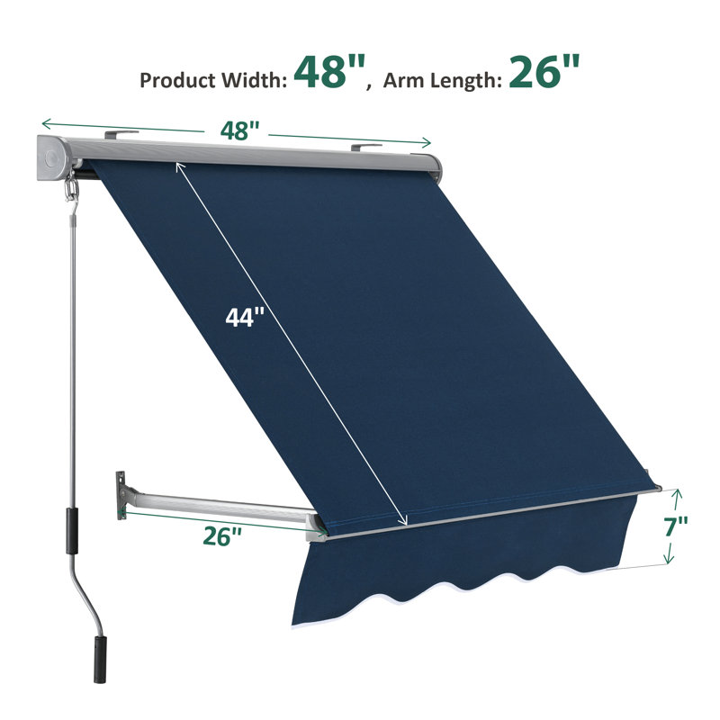Retractable Window Awning with Adjustable Canopy Angle, Aluminum Frame, Navy, 44" H x 48" W x 26" D