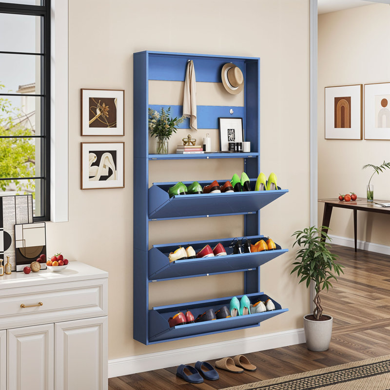  Armoire à chaussures murale en métal avec 3 tiroirs rabattables, Bleu