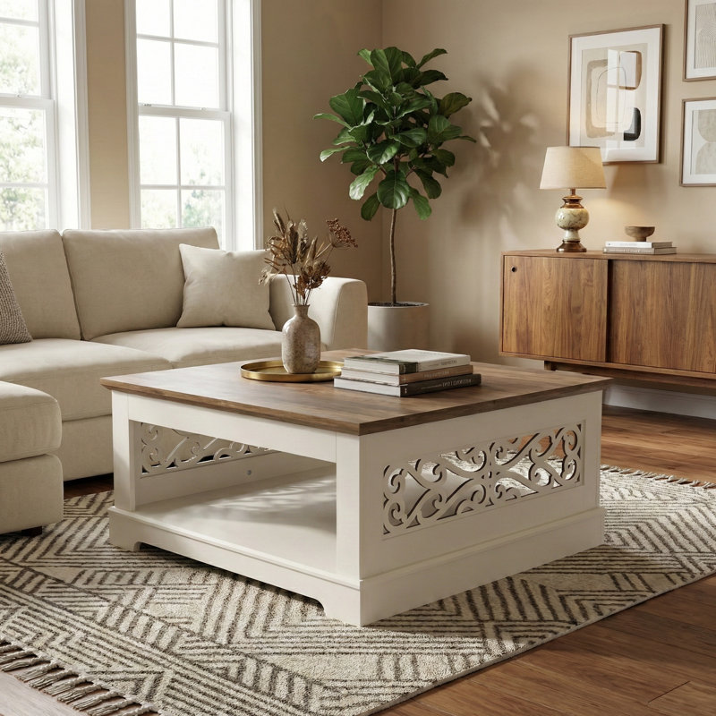 Table basse avec rangement Korbin, Ivoire / chêne noueux