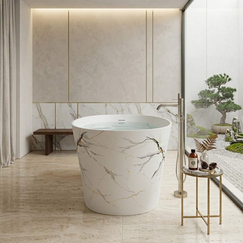 51" Freestanding Soaking Tub, Solid Surface Bathtub With Luxurious Marble Vein Finish