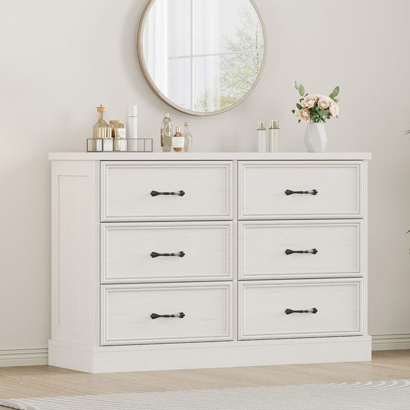 Commode à 6 tiroirs Farmhouse, commode à 6 tiroirs de 47 po de largeur avec base robuste, meuble télé en bois pour chambre d'enfant
