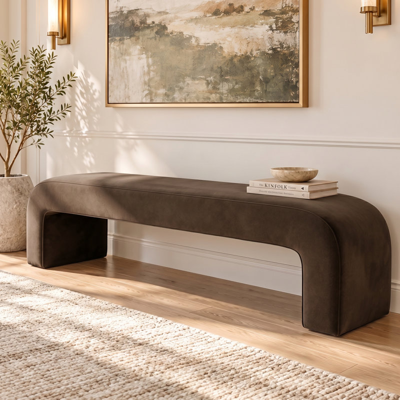 Floranda 60" Fully Velvet Upholstered Waterfall Entryway Bedroom Bench, Chocolate Brown