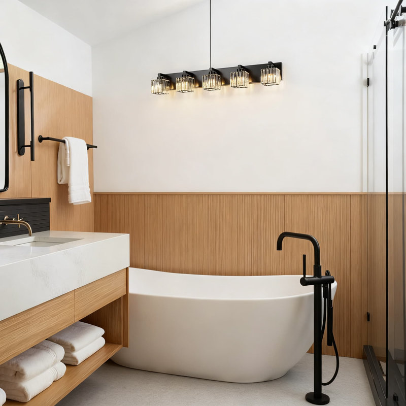 Luminaire de meuble-lavabo moderne en cristal noir avec abat-jour carré - applique murale à 5 lumières à intensité variable pour miroir, douille E26, installation facile