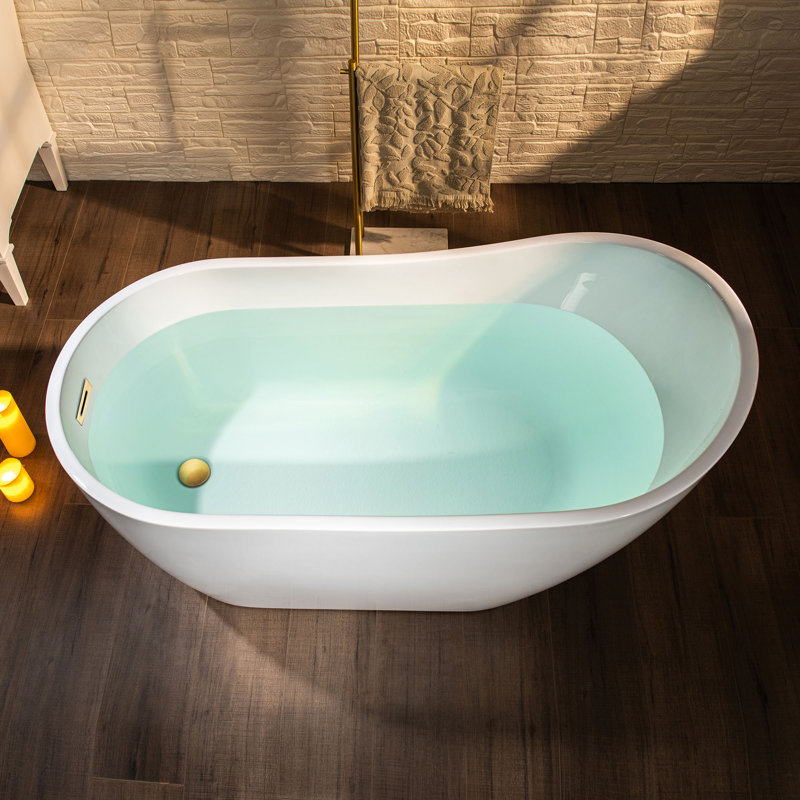 54" x 28" Freestanding Soaking Acrylic Single Slipper Bathtub with Reversible Drain, White/Brushed Gold