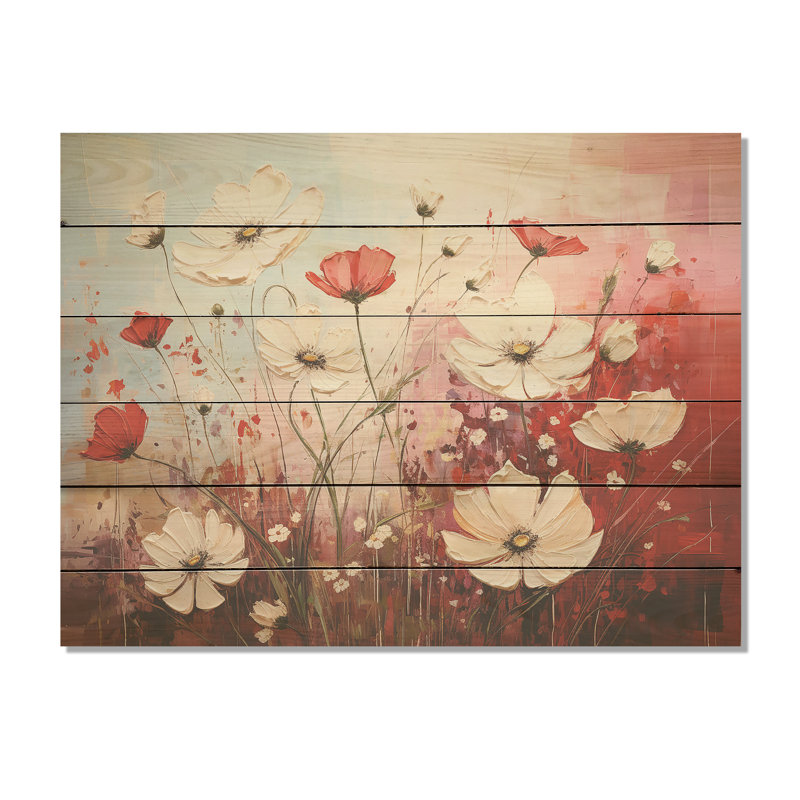 Pétales de cramoisi blancs et rouges dévoilés - Art mural en bois sur bois de pin naturel, H 30 po x l 40 po