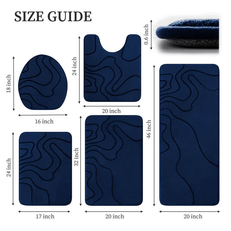 Ensemble de 5 tapis de bain ondulés modernes avec envers antidérapant et mousse viscoélastique à haut pouvoir absorbant