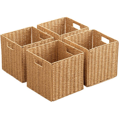Paniers de rangement pliables avec poignées, paniers de rangement en corde de papier, cubes de rangement rectangulaires pliables tissés à la main (4, naturel)