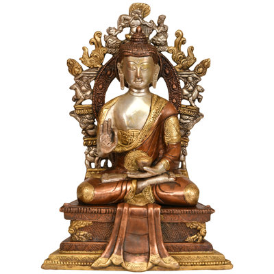 Handcrafted Brass Buddha on Six-Ornament Throne of Enlightenment - Traditional Tibetan Buddhist Sculpture for Home Decor, Meditation Space & Spiritual Display - Sacred Temple Art