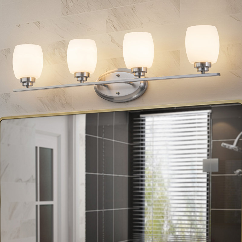 4-light Satin Nickel Vanity Light With White Opal Glass, Satin Nickel