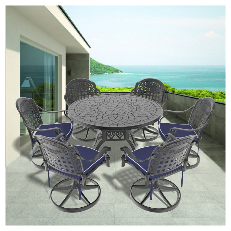Ensemble de salle à manger 7 pièces en aluminium coulé toutes saisons avec 6 chaises pivotantes et une table, noir