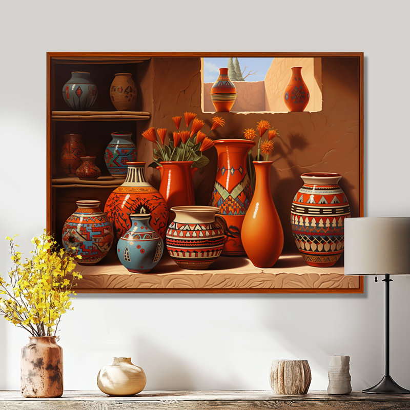 Vase mexicain en terre cuite, fleurs orange - impression sur toile encadrée, H 30 po x l 40 po x P 1,5 po