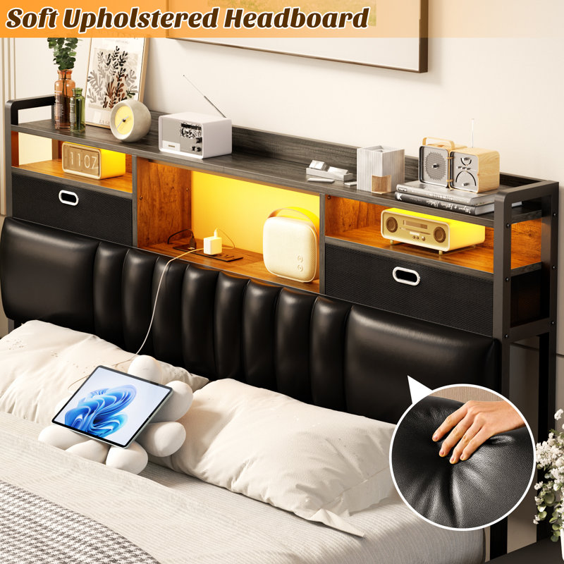 Têtes de lit avec rangement 45 po, prises USB, ports USB et lumières DEL, Gris, Queen