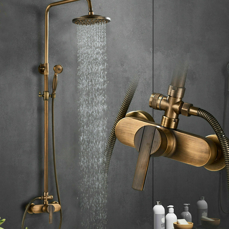 Wall Mounted Antique Brass Shower Faucet System Fixture With Handshower