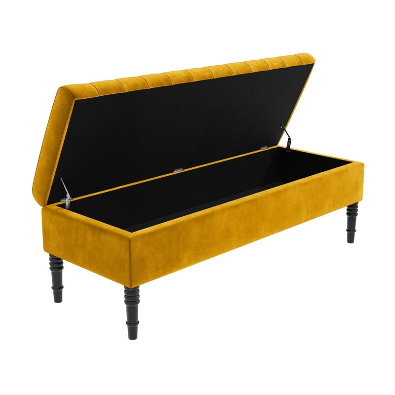 Safar Striped Ottoman Storage Bench – Upholstery Plush Velvet Shoe Bench with Black Turned Wooden Legs, Mustard Gold