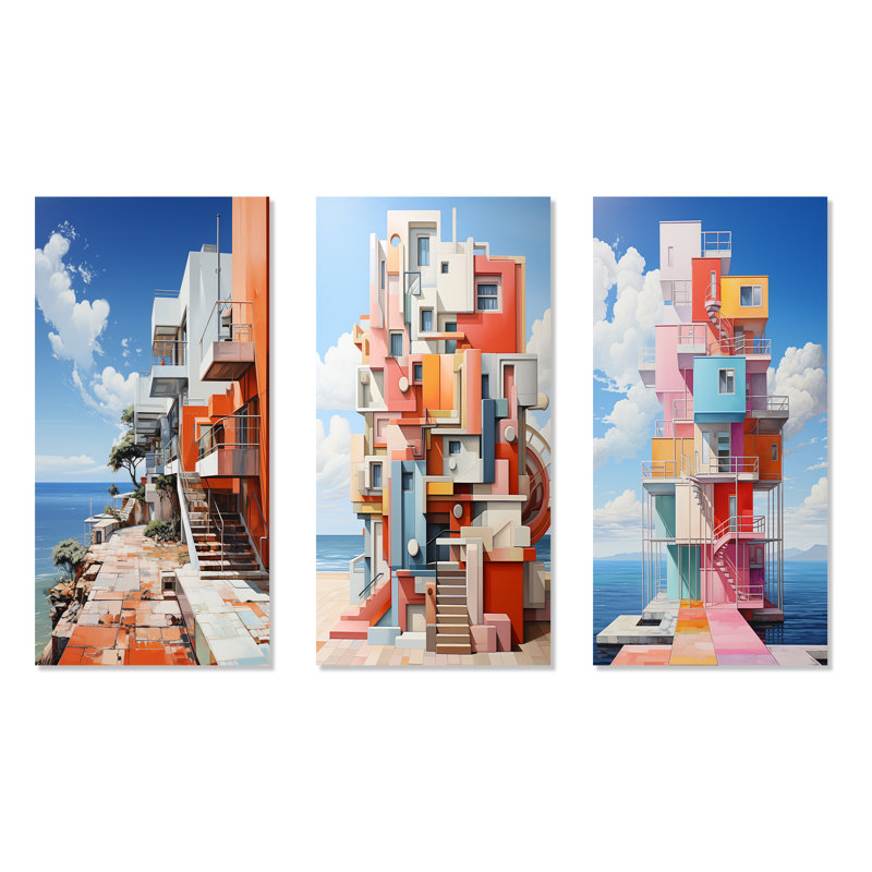 Phare de Stijl Lansdcape - ensemble d'art mural sur toile océan 3 pièces, H 28 po x l 36 po, Toile tendue