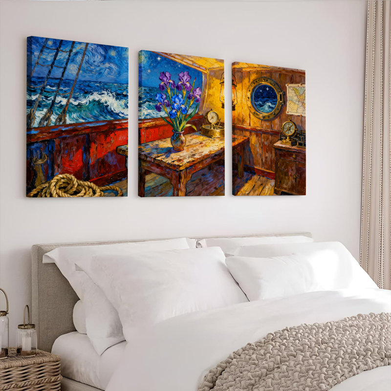 Ensemble de 3 tableaux sur toile tendue représentant des vagues de l'océan et des iris, dans le style de Van Gogh.