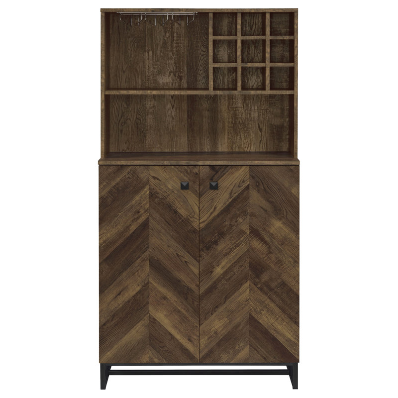 Armoire à vin rustique en chêne à 2 portes, motif à chevrons classique, support intégré pour 9 bouteilles et armoire de salle à manger à pieds industriels en chêne, 2 portes, façade, support, porte-verres à pied, bronze industriel